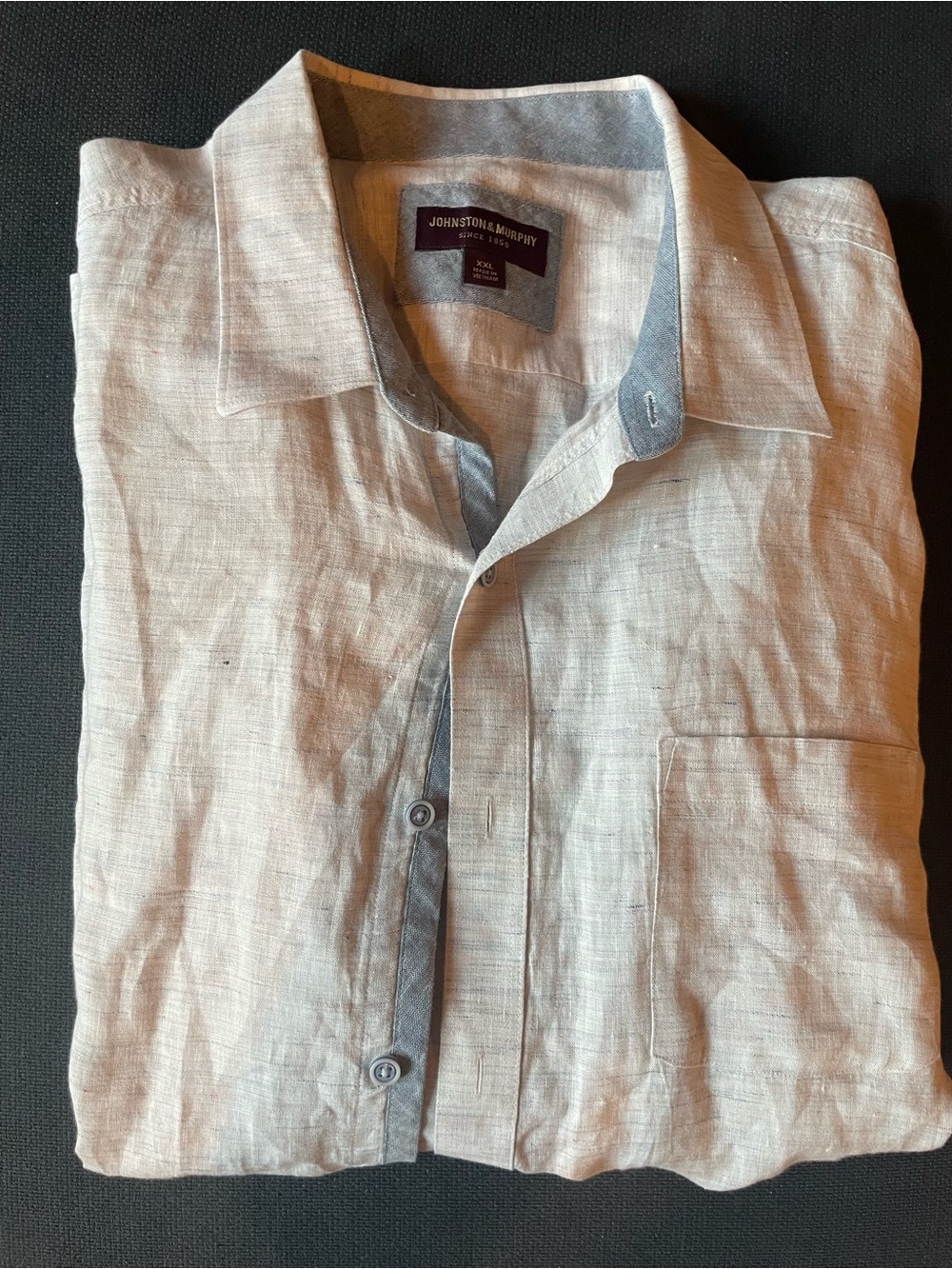 Johnston & Murphy Men's Linen Button-Down Long-sleeved Shirt Crème w/ Gray Trim
